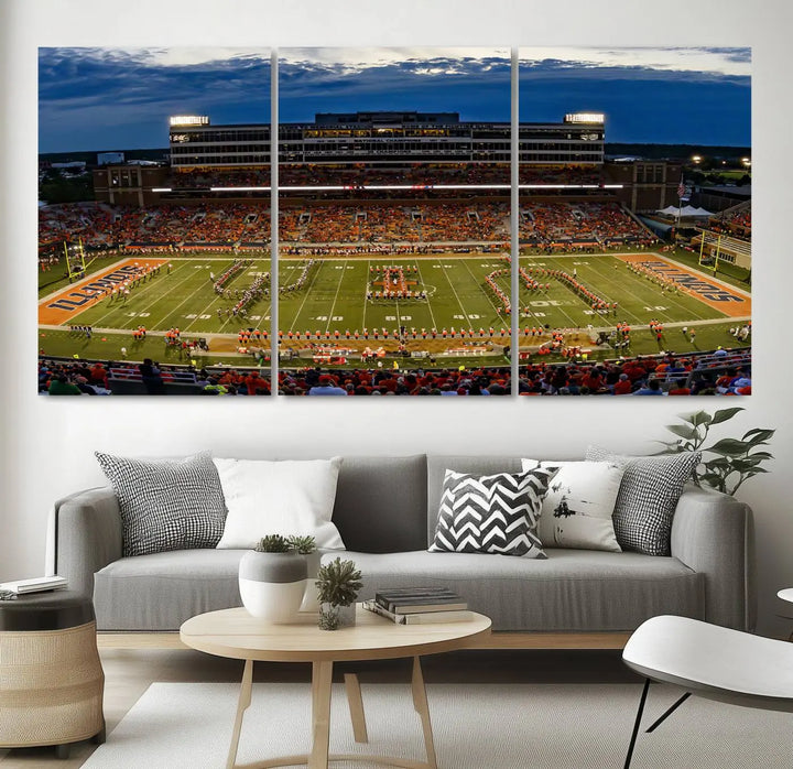 A handmade triptych canvas print depicting the University of Illinois Fighting Illini football team at Memorial Stadium.