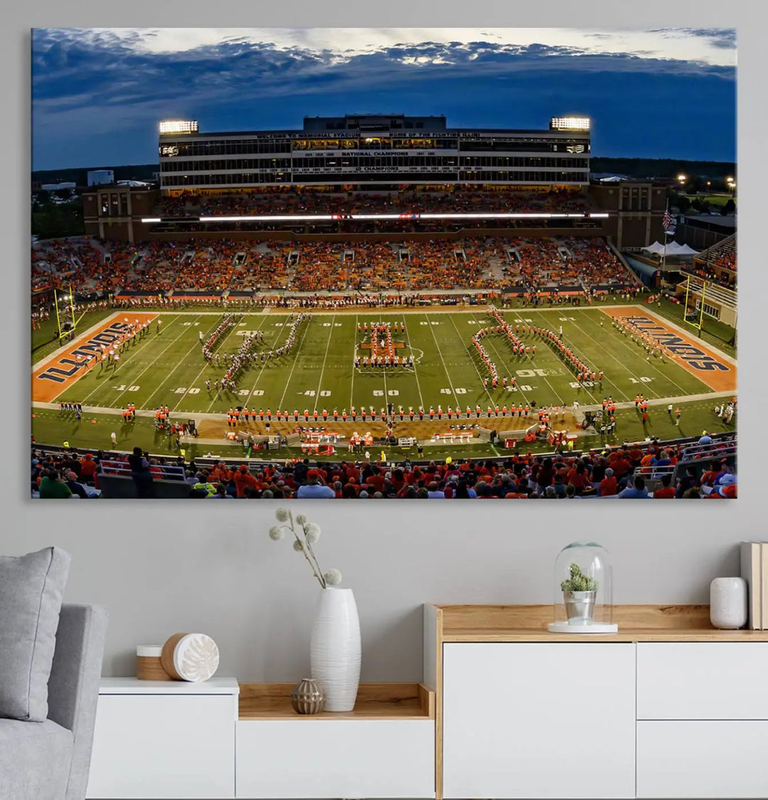 A handmade triptych canvas print depicting the University of Illinois Fighting Illini football team at Memorial Stadium.