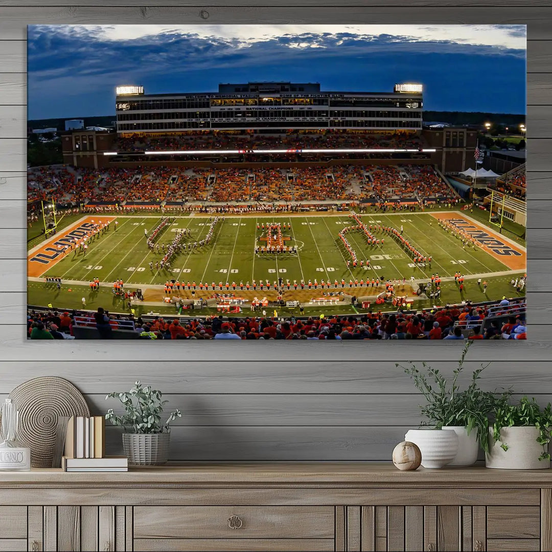 A handmade triptych canvas print depicting the University of Illinois Fighting Illini football team at Memorial Stadium.