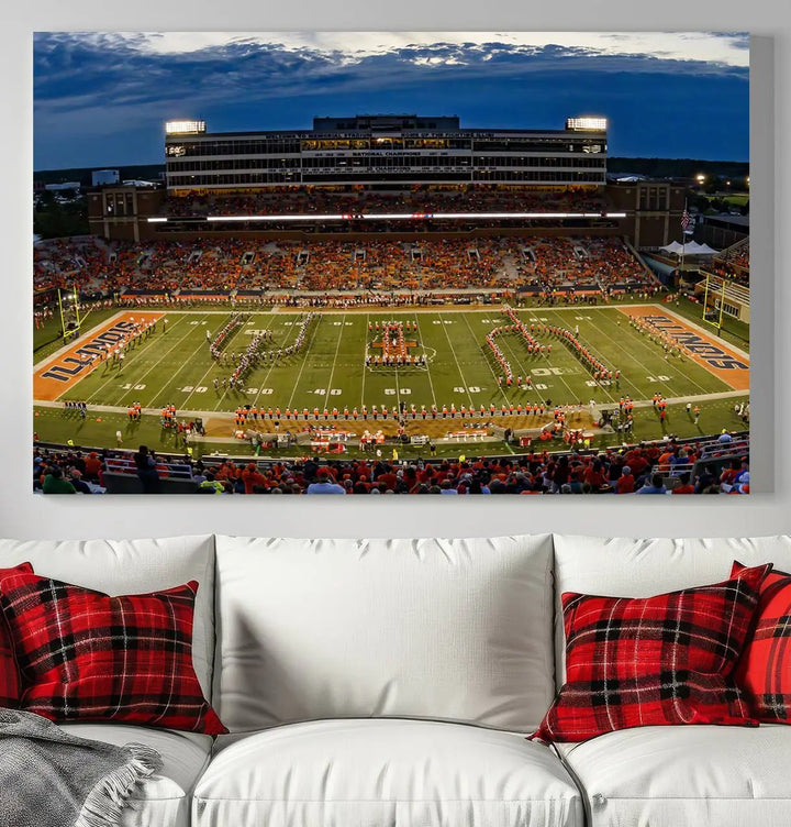 A handmade triptych canvas print depicting the University of Illinois Fighting Illini football team at Memorial Stadium.