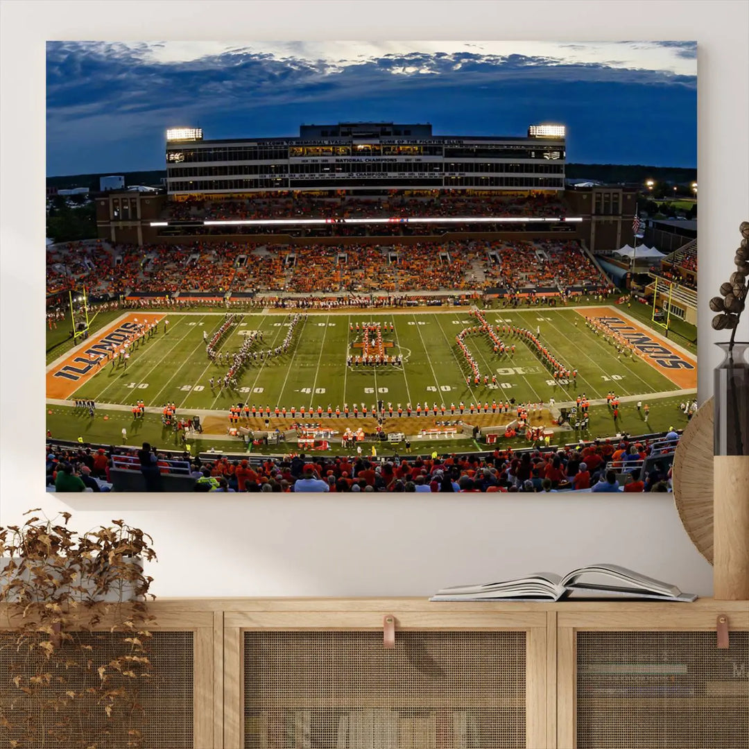 A handmade triptych canvas print depicting the University of Illinois Fighting Illini football team at Memorial Stadium.