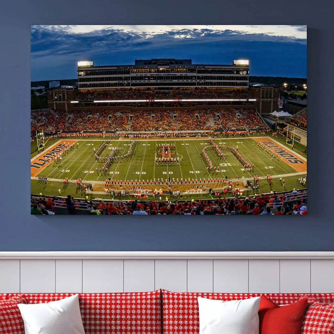 A handmade triptych canvas print depicting the University of Illinois Fighting Illini football team at Memorial Stadium.