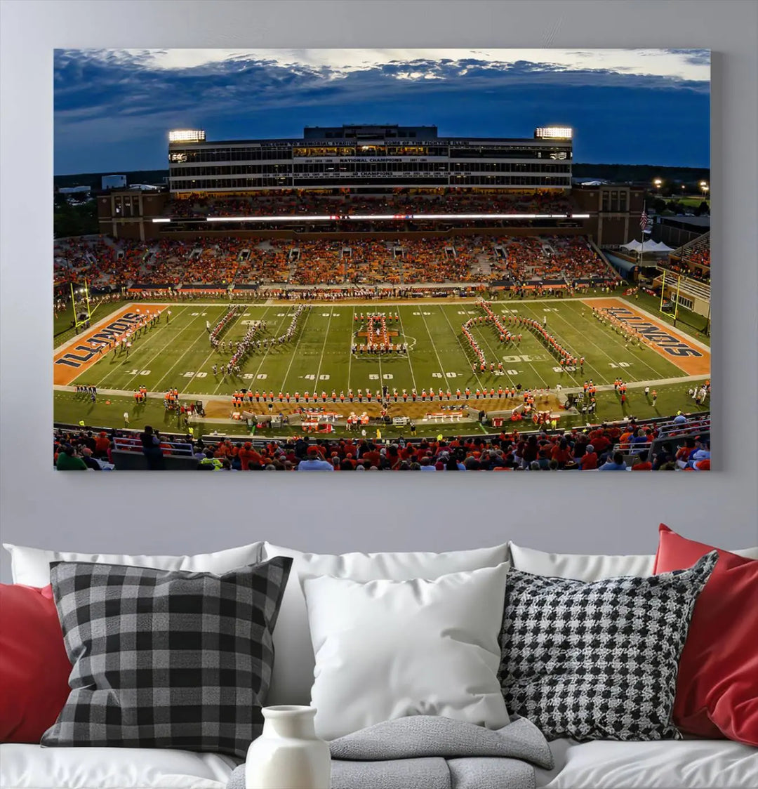 A handmade triptych canvas print depicting the University of Illinois Fighting Illini football team at Memorial Stadium.