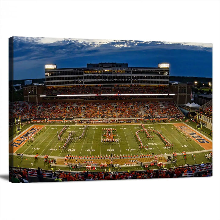 A handmade triptych canvas print depicting the University of Illinois Fighting Illini football team at Memorial Stadium.