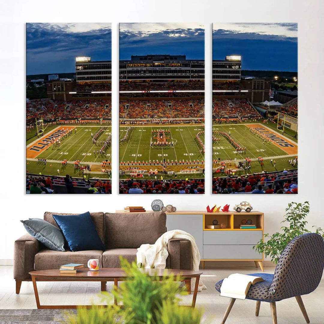 A handmade triptych canvas print depicting the University of Illinois Fighting Illini football team at Memorial Stadium.