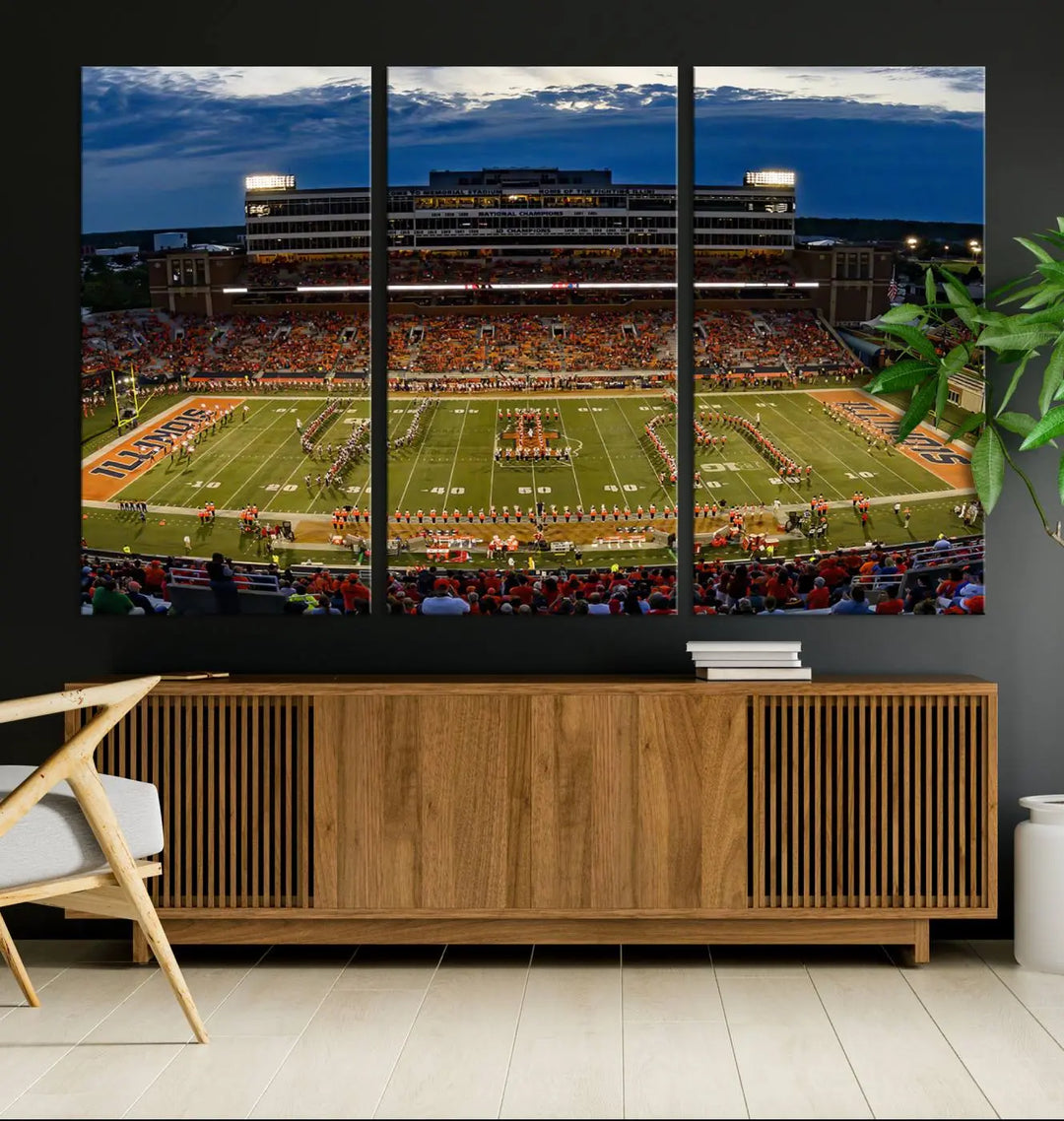 A handmade triptych canvas print depicting the University of Illinois Fighting Illini football team at Memorial Stadium.