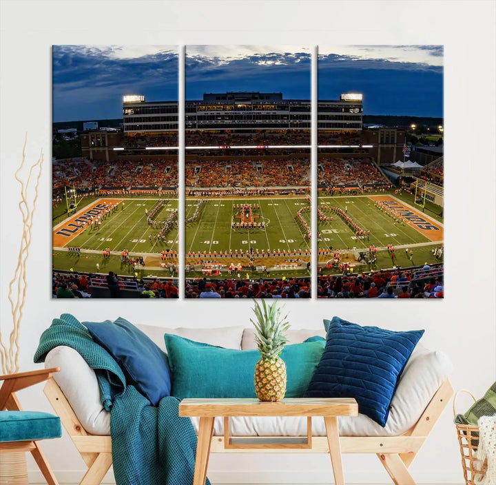 A handmade triptych canvas print depicting the University of Illinois Fighting Illini football team at Memorial Stadium.