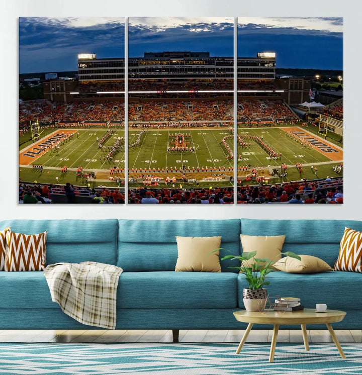 A handmade triptych canvas print depicting the University of Illinois Fighting Illini football team at Memorial Stadium.