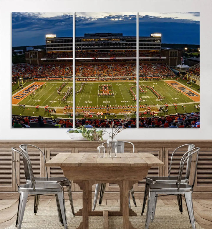 A handmade triptych canvas print depicting the University of Illinois Fighting Illini football team at Memorial Stadium.