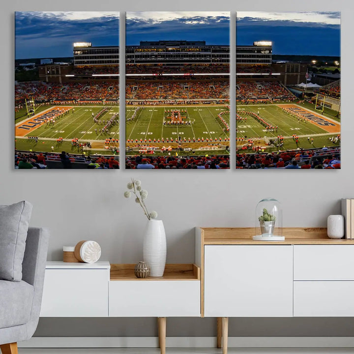 A handmade triptych canvas print depicting the University of Illinois Fighting Illini football team at Memorial Stadium.