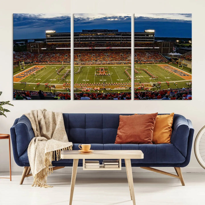 A handmade triptych canvas print depicting the University of Illinois Fighting Illini football team at Memorial Stadium.