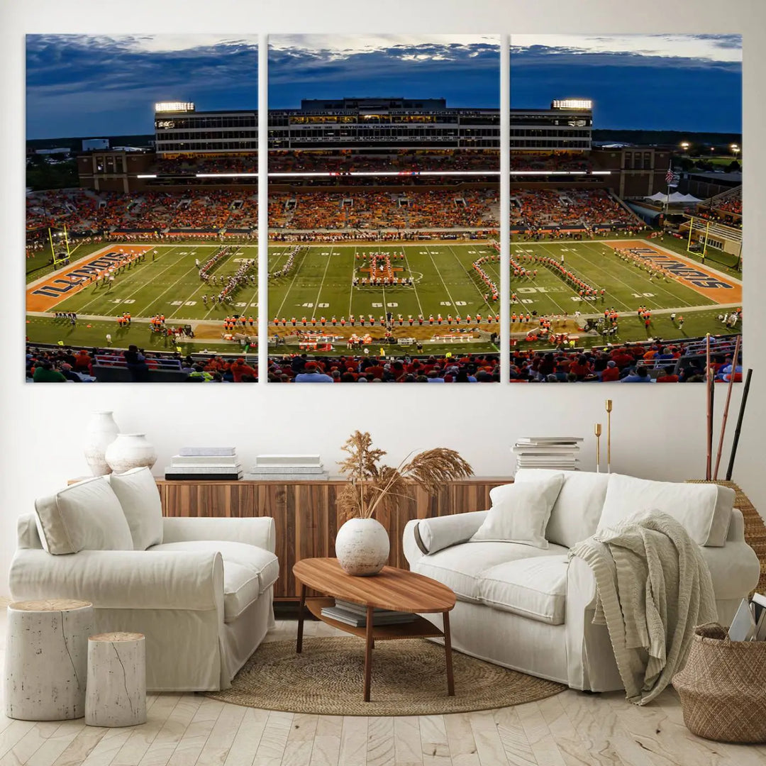 A handmade triptych canvas print depicting the University of Illinois Fighting Illini football team at Memorial Stadium.