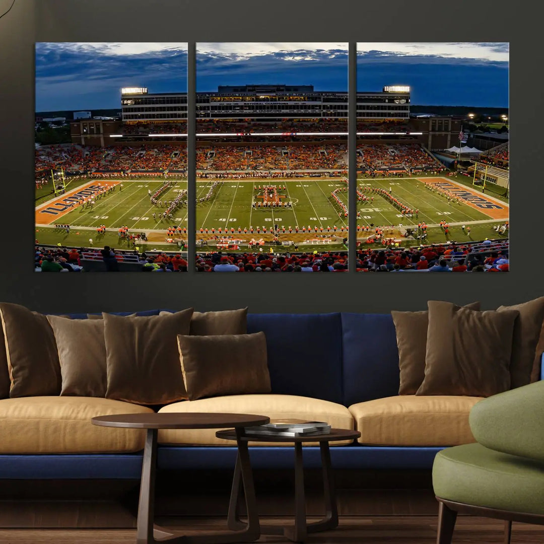 A handmade triptych canvas print depicting the University of Illinois Fighting Illini football team at Memorial Stadium.