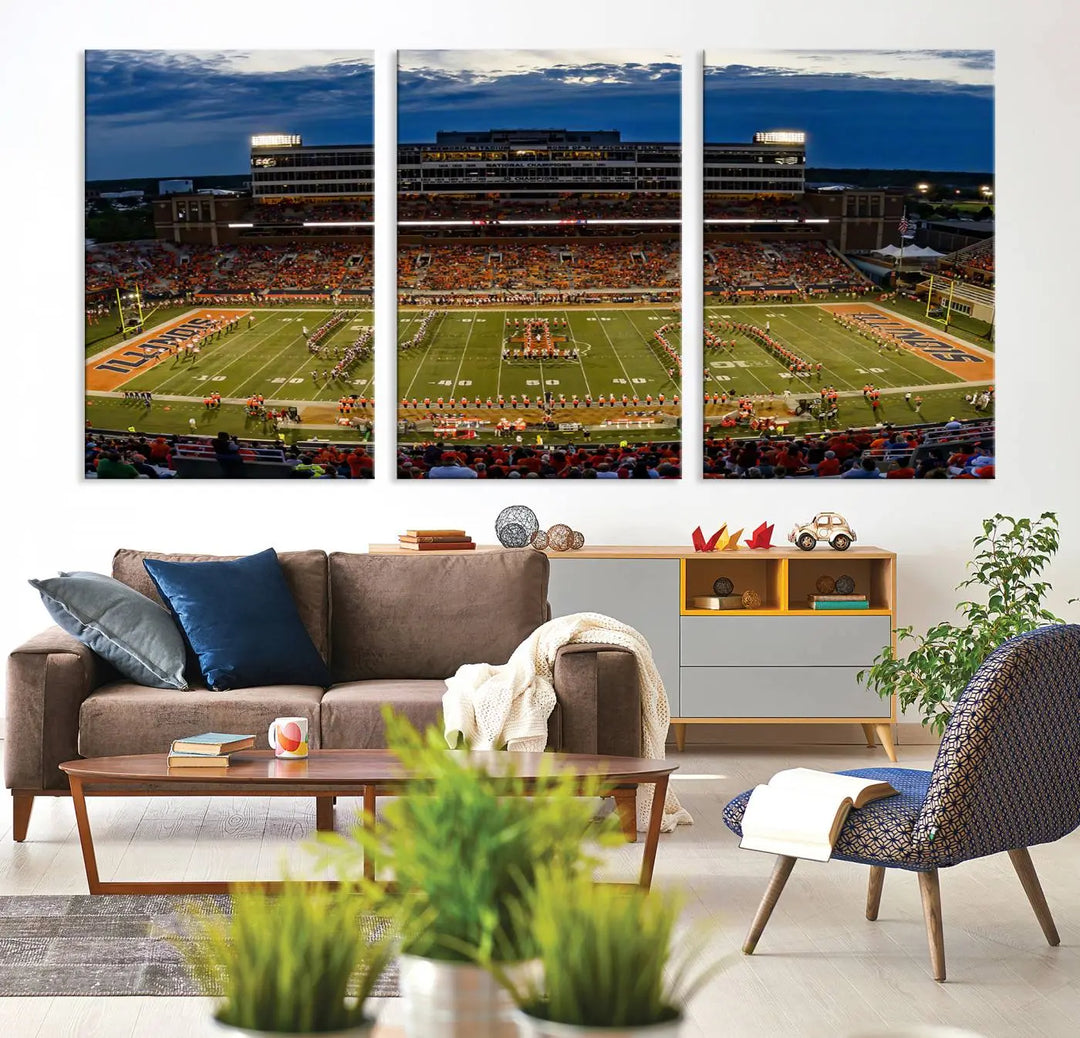 A handmade triptych canvas print depicting the University of Illinois Fighting Illini football team at Memorial Stadium.