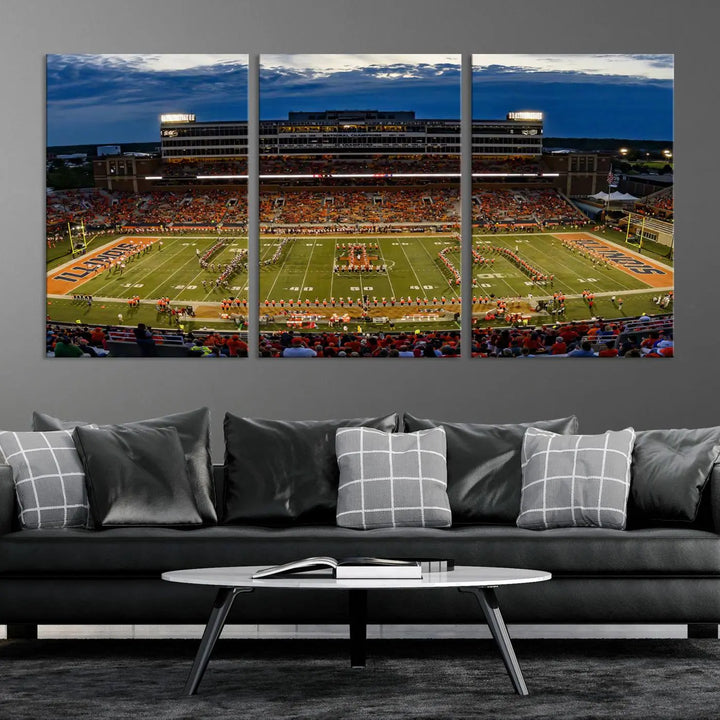 A handmade triptych canvas print depicting the University of Illinois Fighting Illini football team at Memorial Stadium.