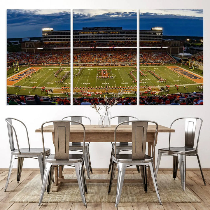 A handmade triptych canvas print depicting the University of Illinois Fighting Illini football team at Memorial Stadium.