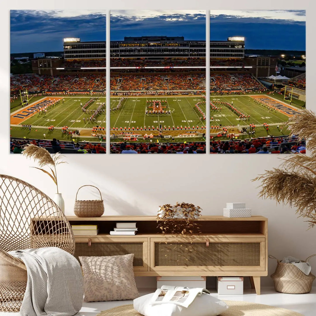 A handmade triptych canvas print depicting the University of Illinois Fighting Illini football team at Memorial Stadium.