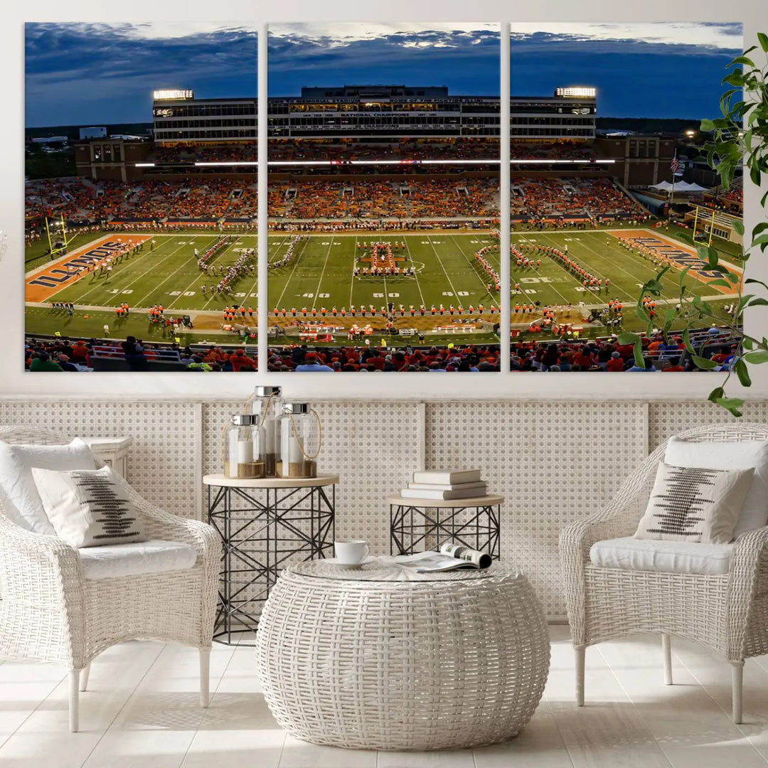 A handmade triptych canvas print depicting the University of Illinois Fighting Illini football team at Memorial Stadium.