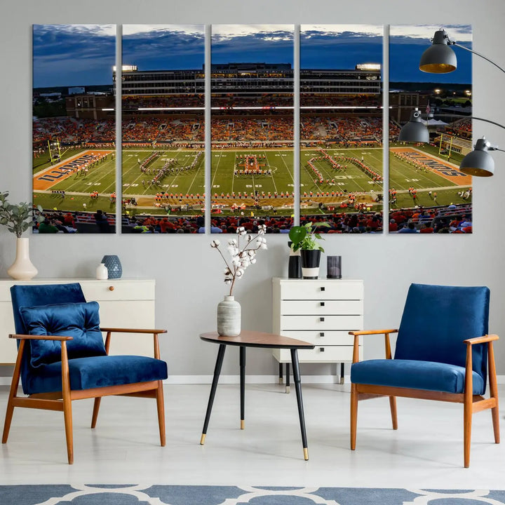 A handmade triptych canvas print depicting the University of Illinois Fighting Illini football team at Memorial Stadium.