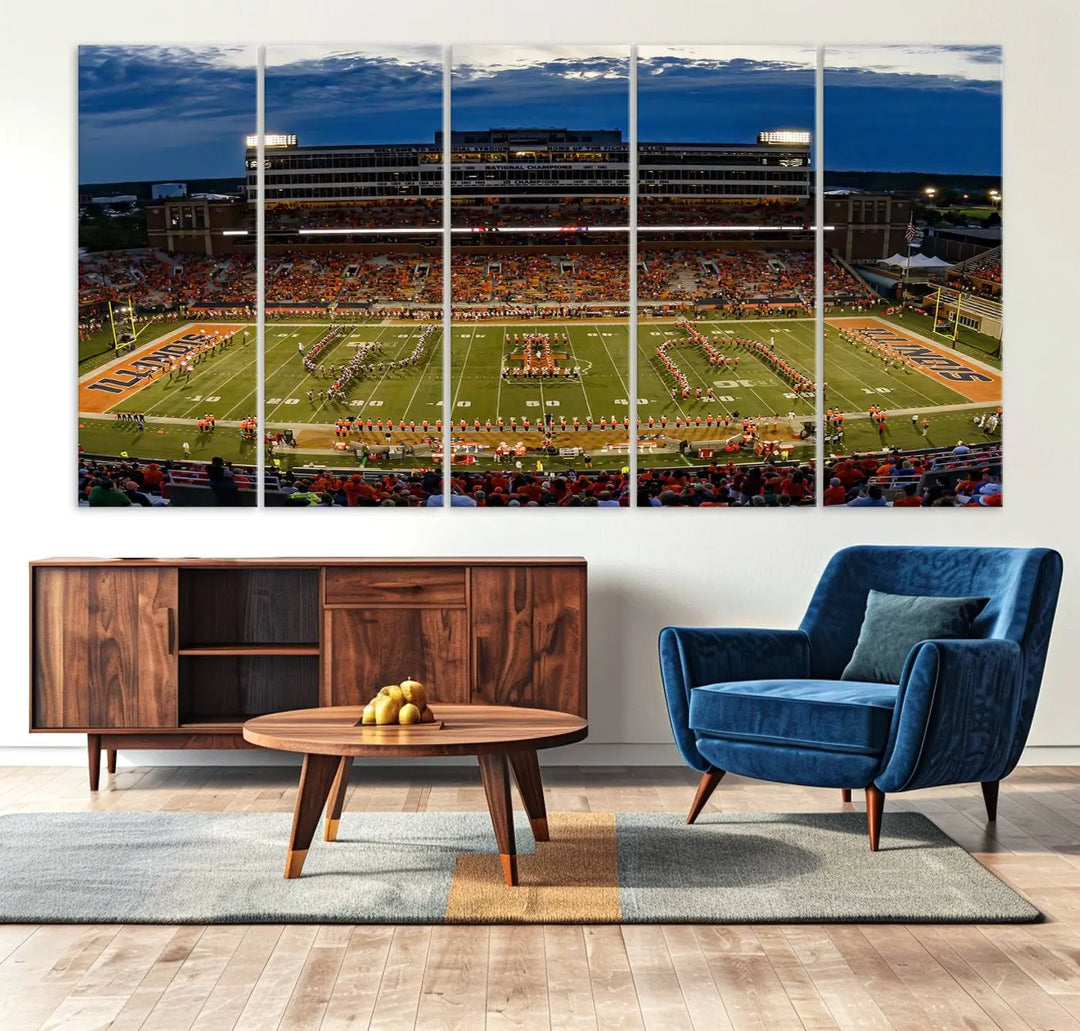 A handmade triptych canvas print depicting the University of Illinois Fighting Illini football team at Memorial Stadium.