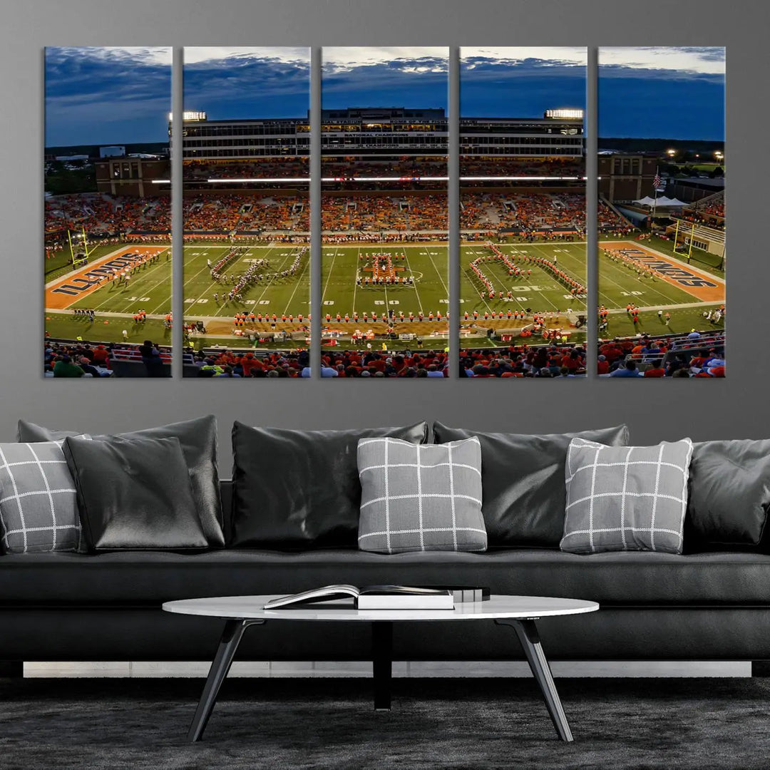 A handmade triptych canvas print depicting the University of Illinois Fighting Illini football team at Memorial Stadium.