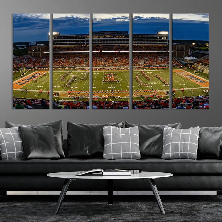 A handmade triptych canvas print depicting the University of Illinois Fighting Illini football team at Memorial Stadium.