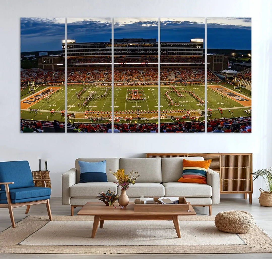 A handmade triptych canvas print depicting the University of Illinois Fighting Illini football team at Memorial Stadium.