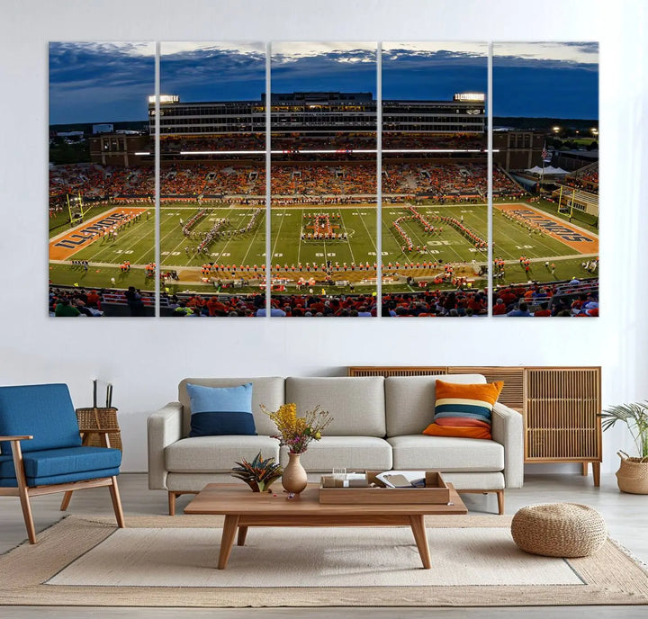 A handmade triptych canvas print depicting the University of Illinois Fighting Illini football team at Memorial Stadium.