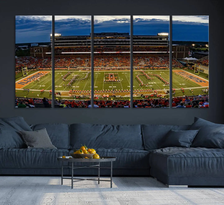 A handmade triptych canvas print depicting the University of Illinois Fighting Illini football team at Memorial Stadium.