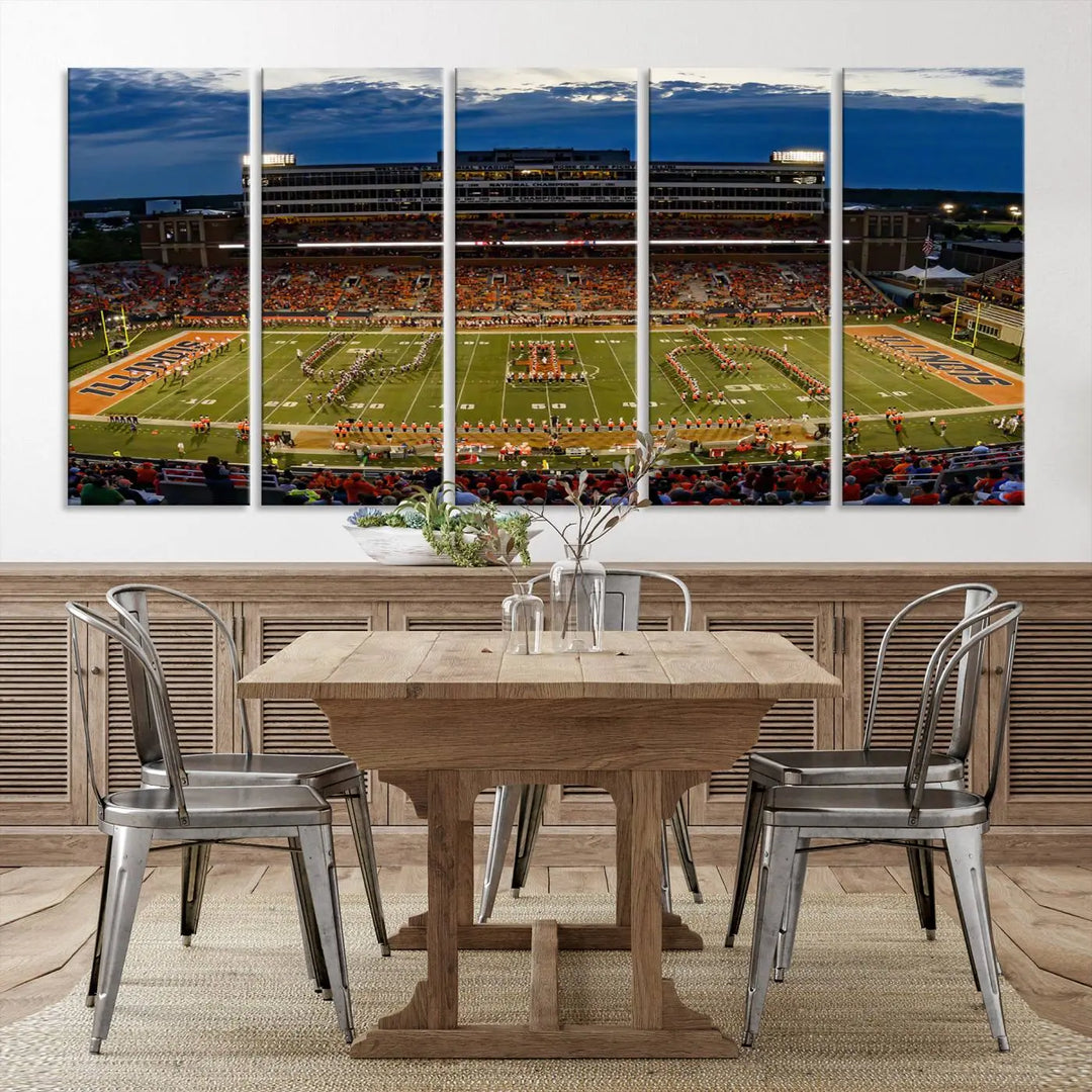 A handmade triptych canvas print depicting the University of Illinois Fighting Illini football team at Memorial Stadium.