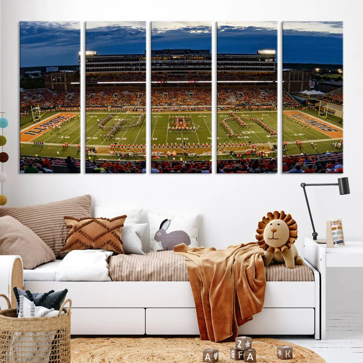 A handmade triptych canvas print depicting the University of Illinois Fighting Illini football team at Memorial Stadium.