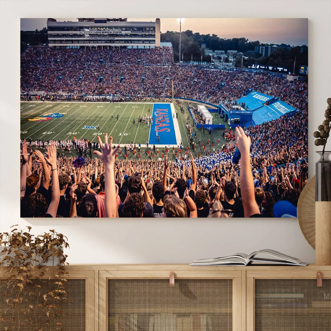 A University of Kansas Jayhawks Football Team Print, featuring the Lawrence Kansas Memorial Stadium and printed on premium canvas with a gallery-quality finish, hangs above the space.