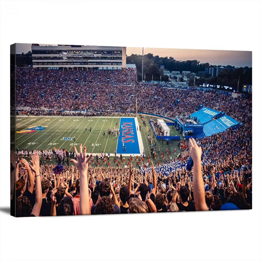 A University of Kansas Jayhawks Football Team Print, featuring the Lawrence Kansas Memorial Stadium and printed on premium canvas with a gallery-quality finish, hangs above the space.