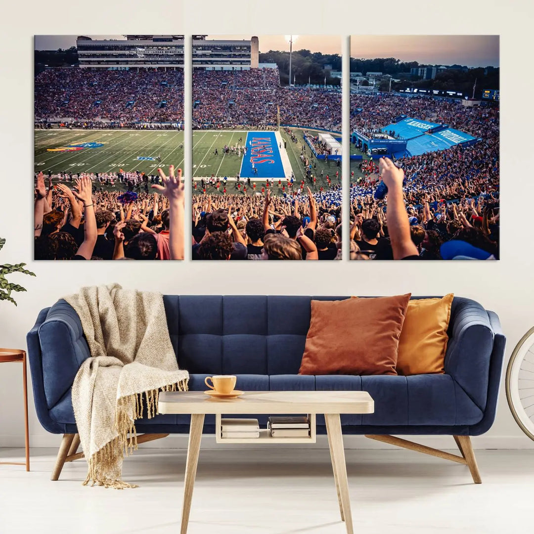 A University of Kansas Jayhawks Football Team Print, featuring the Lawrence Kansas Memorial Stadium and printed on premium canvas with a gallery-quality finish, hangs above the space.