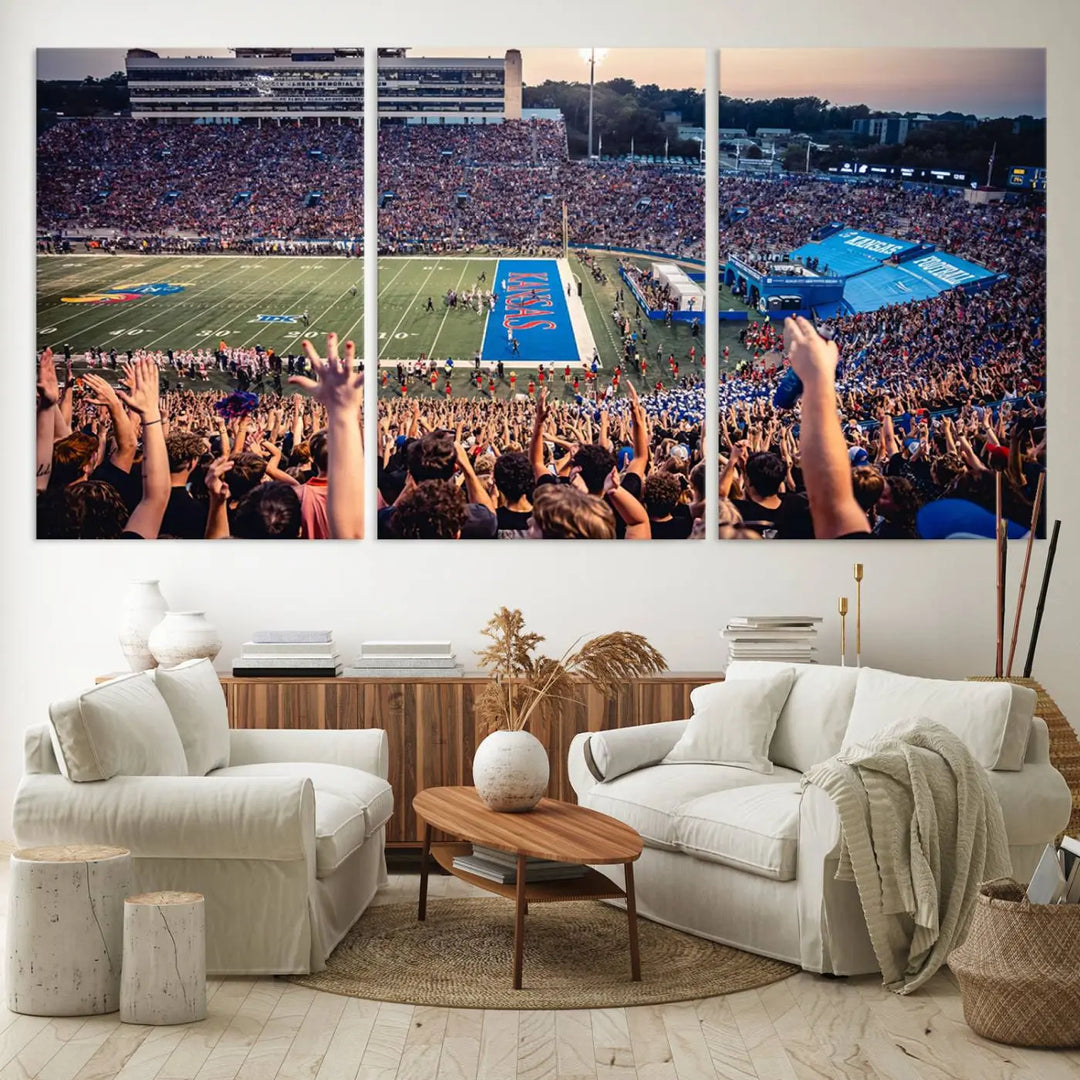 A University of Kansas Jayhawks Football Team Print, featuring the Lawrence Kansas Memorial Stadium and printed on premium canvas with a gallery-quality finish, hangs above the space.