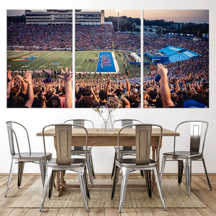 A University of Kansas Jayhawks Football Team Print, featuring the Lawrence Kansas Memorial Stadium and printed on premium canvas with a gallery-quality finish, hangs above the space.