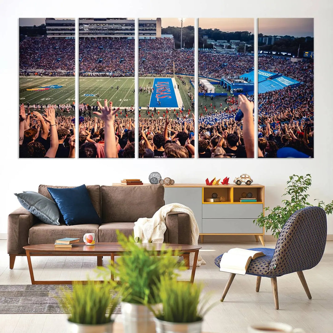 A University of Kansas Jayhawks Football Team Print, featuring the Lawrence Kansas Memorial Stadium and printed on premium canvas with a gallery-quality finish, hangs above the space.