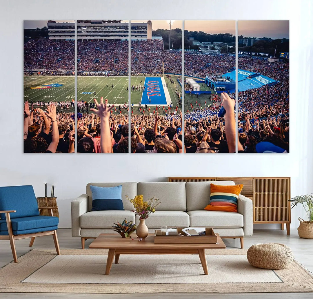 A University of Kansas Jayhawks Football Team Print, featuring the Lawrence Kansas Memorial Stadium and printed on premium canvas with a gallery-quality finish, hangs above the space.