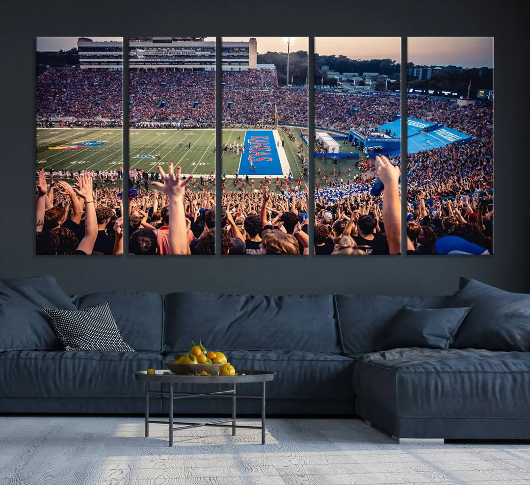 A University of Kansas Jayhawks Football Team Print, featuring the Lawrence Kansas Memorial Stadium and printed on premium canvas with a gallery-quality finish, hangs above the space.