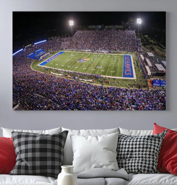 The University of Kansas Jayhawks Football Team Print on premium canvas captures Lawrence Kansas Memorial Stadium vividly lit up at night, bringing a gallery-quality finish to the space.