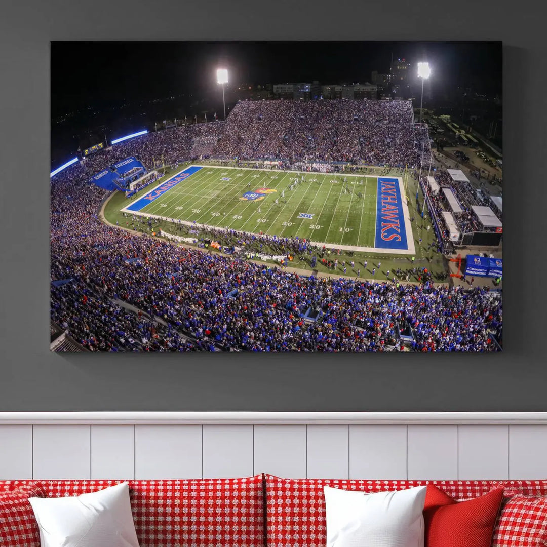 The University of Kansas Jayhawks Football Team Print on premium canvas captures Lawrence Kansas Memorial Stadium vividly lit up at night, bringing a gallery-quality finish to the space.