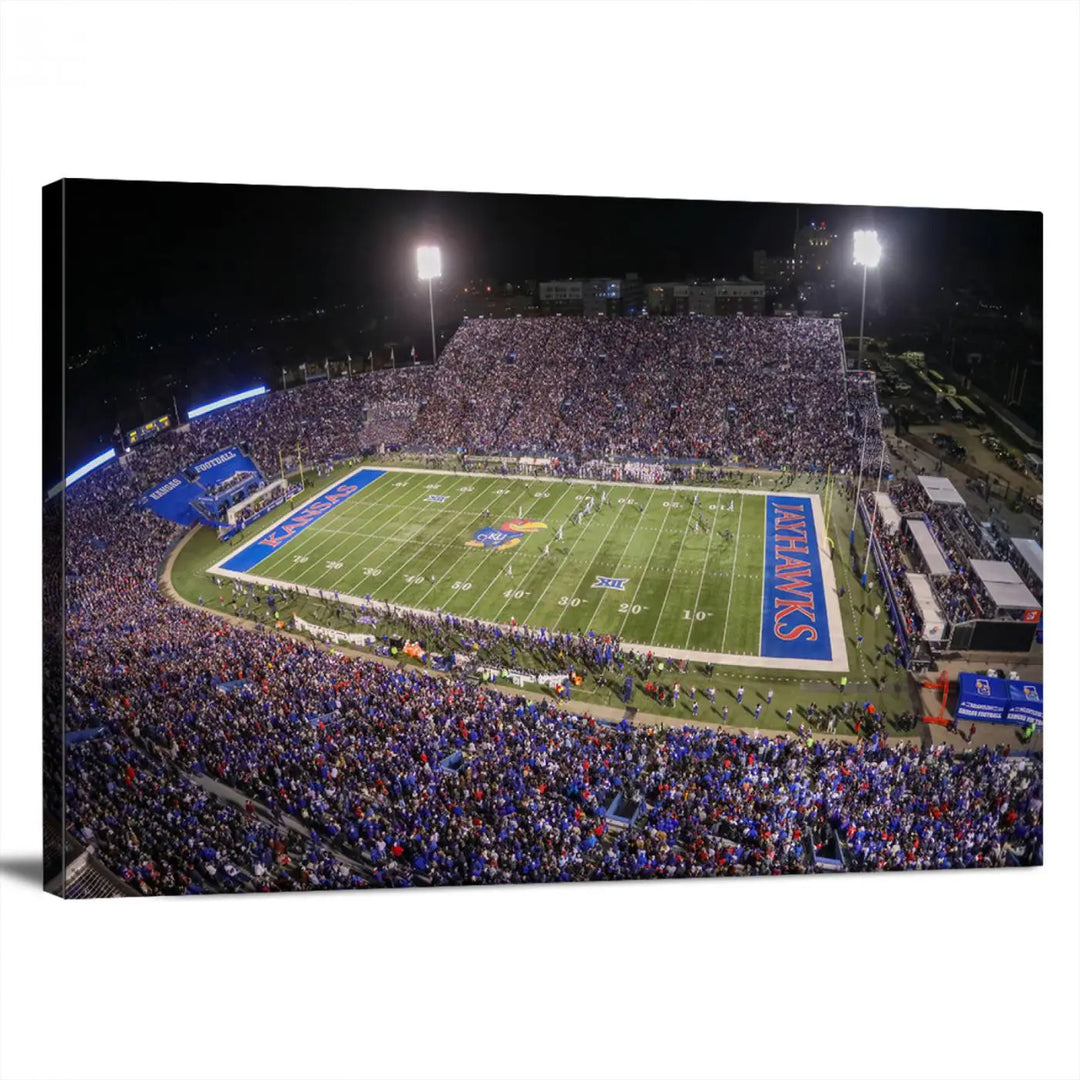 The University of Kansas Jayhawks Football Team Print on premium canvas captures Lawrence Kansas Memorial Stadium vividly lit up at night, bringing a gallery-quality finish to the space.