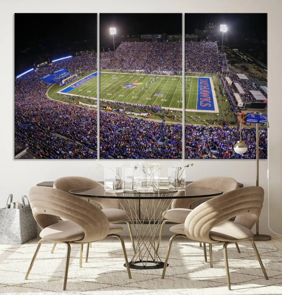 The University of Kansas Jayhawks Football Team Print on premium canvas captures Lawrence Kansas Memorial Stadium vividly lit up at night, bringing a gallery-quality finish to the space.