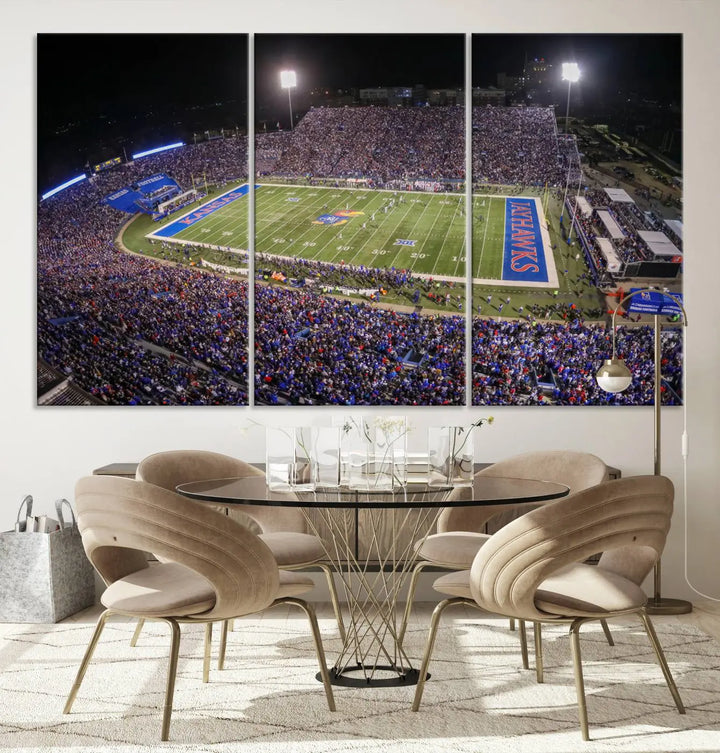 The University of Kansas Jayhawks Football Team Print on premium canvas captures Lawrence Kansas Memorial Stadium vividly lit up at night, bringing a gallery-quality finish to the space.