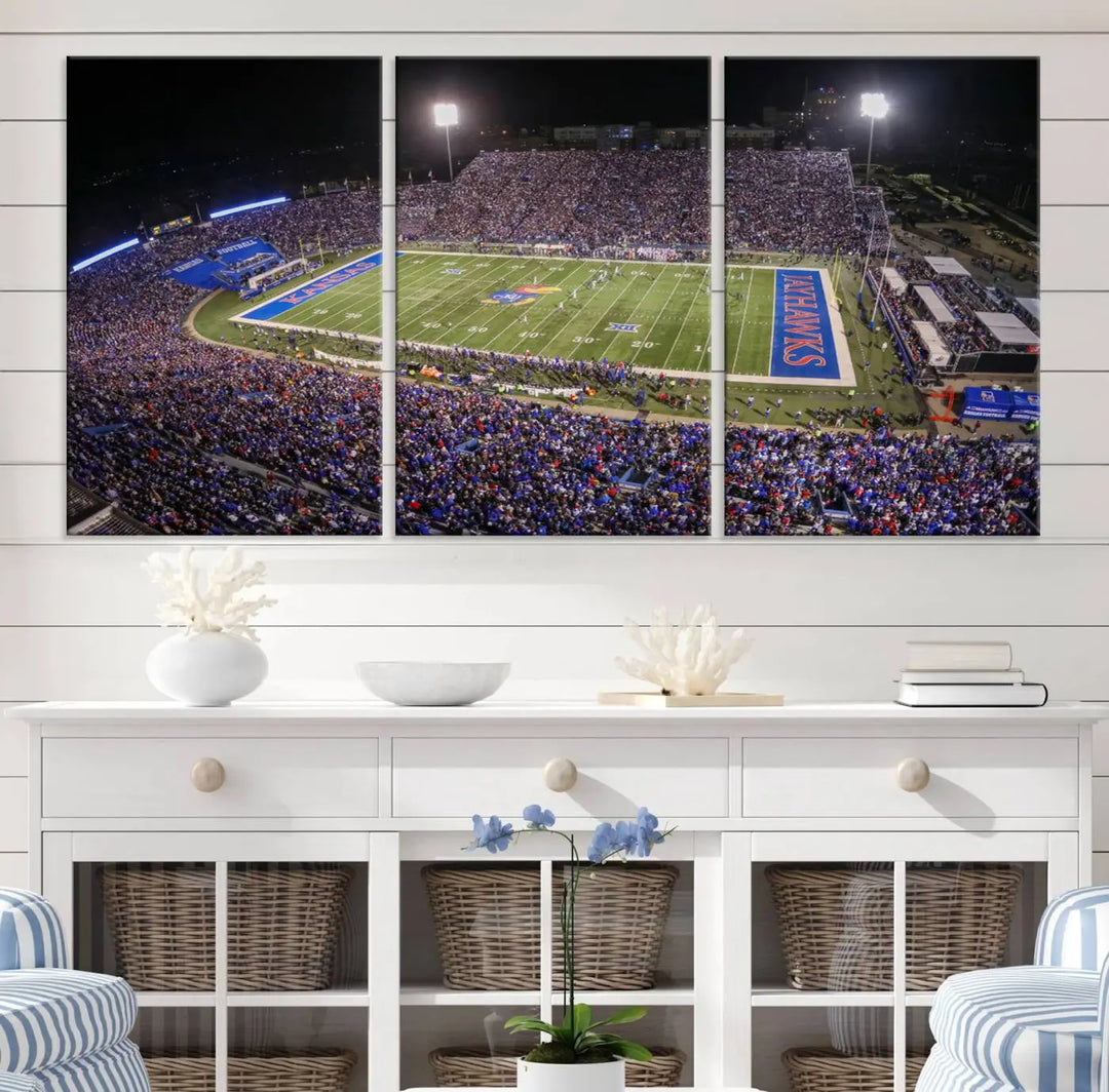 The University of Kansas Jayhawks Football Team Print on premium canvas captures Lawrence Kansas Memorial Stadium vividly lit up at night, bringing a gallery-quality finish to the space.