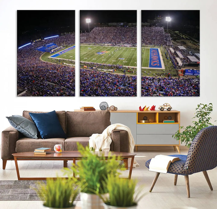 The University of Kansas Jayhawks Football Team Print on premium canvas captures Lawrence Kansas Memorial Stadium vividly lit up at night, bringing a gallery-quality finish to the space.