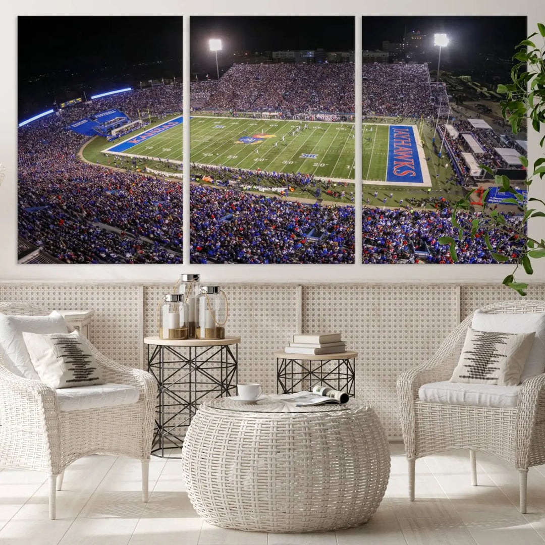 The University of Kansas Jayhawks Football Team Print on premium canvas captures Lawrence Kansas Memorial Stadium vividly lit up at night, bringing a gallery-quality finish to the space.