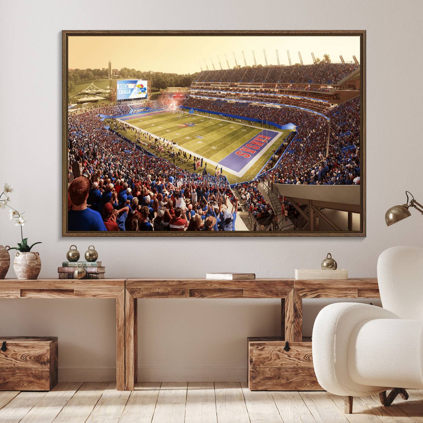 71731-MGV-FC-36X24_Walnut-University of Kansas Jayhawks Football Team Print - Lawrence Kansas Memorial Stadium Wall Art Canvas Print