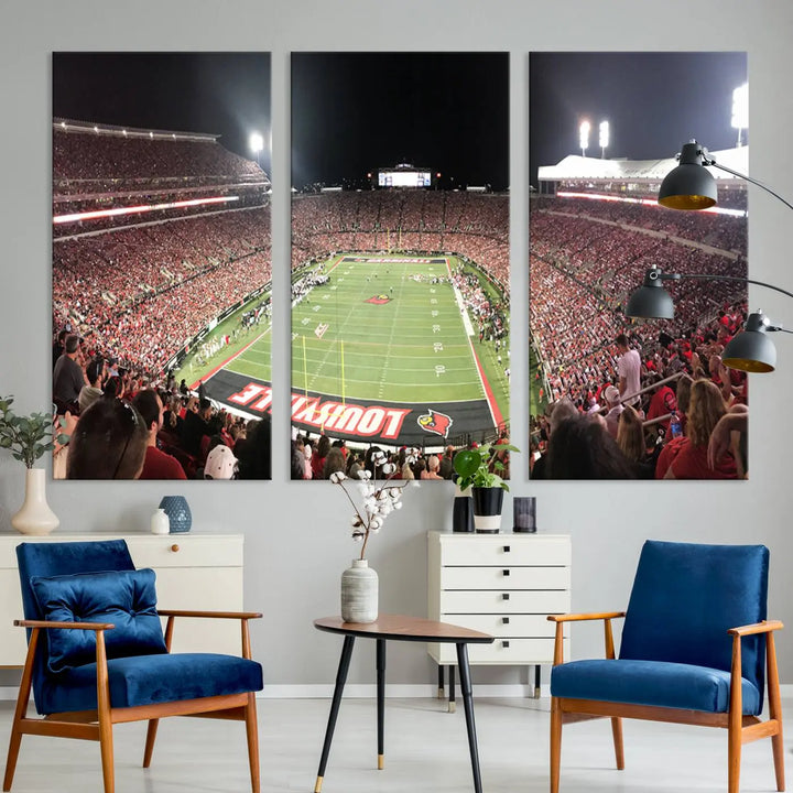 A canvas print featuring the University of Louisville Cardinals Football Team and a bustling Cardinal Stadium at night adorns the wall.