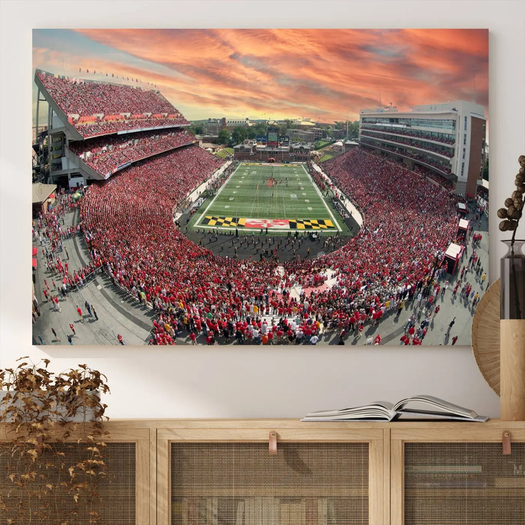 A University of Maryland Terrapins Football Team print showcases the packed College Park SECU Stadium at sunset. This premium canvas captures every detail, offering a gallery-quality finish to elevate your wall art collection.